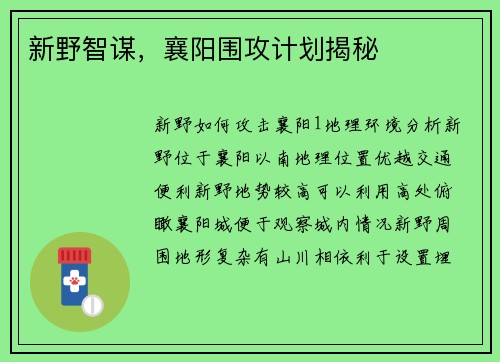 新野智谋，襄阳围攻计划揭秘